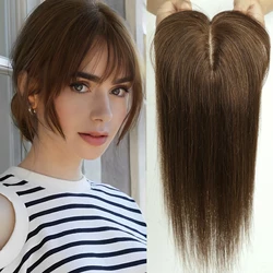 100% Brown Remy Human Hair Toppers Wigs with Bangs Silk Base Clip in Topper Top Hairs in Hair Extension for Women 10/12/14inch