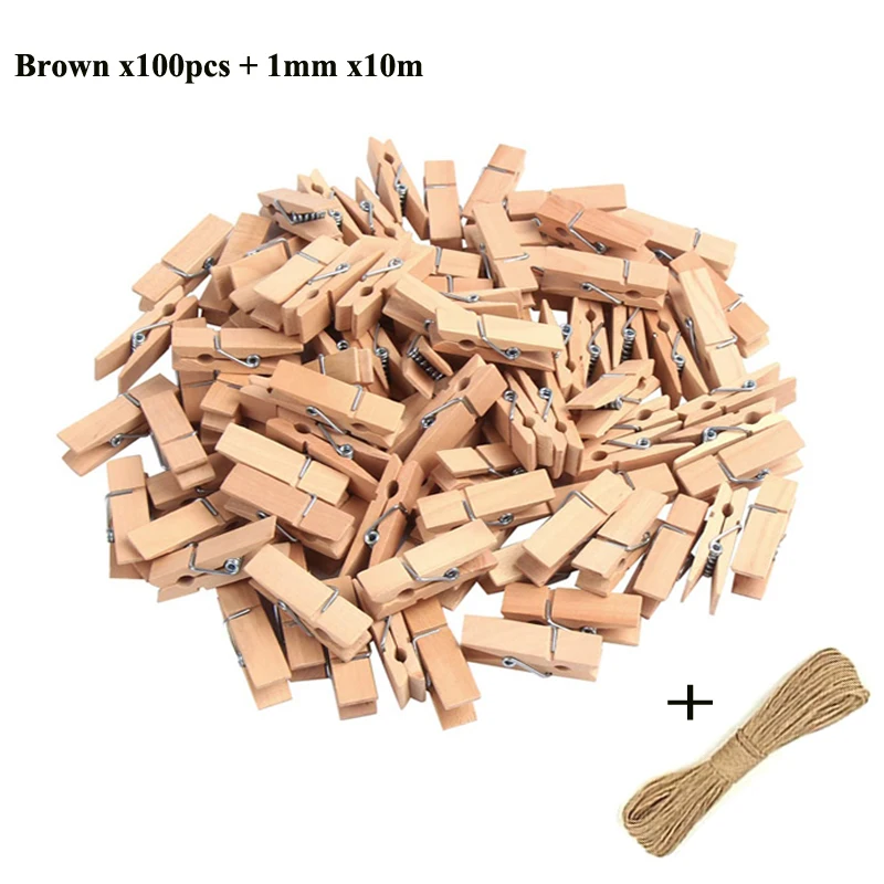 Mini Wood Clothespins with Hemp Rope for Crafts and Photo Displays, Pack of 50