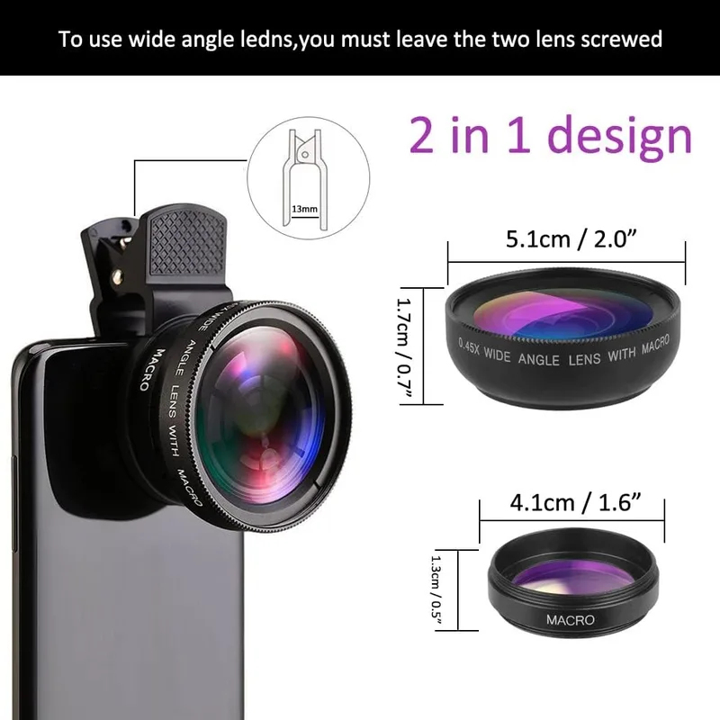 Universal Clip 2-in-1 Lens 37mm Professional 0.45X Super Wide-Angle & Macro HD for iPhone & Android Mobile Phones