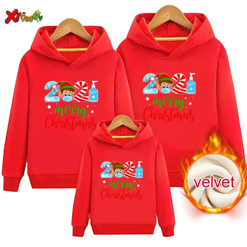 Christmas Family clothing Hoodie Warm Winter Children Sweatshirt Pullover Plus Velvet  Adult Kids Clothes Matching Couple Outfit