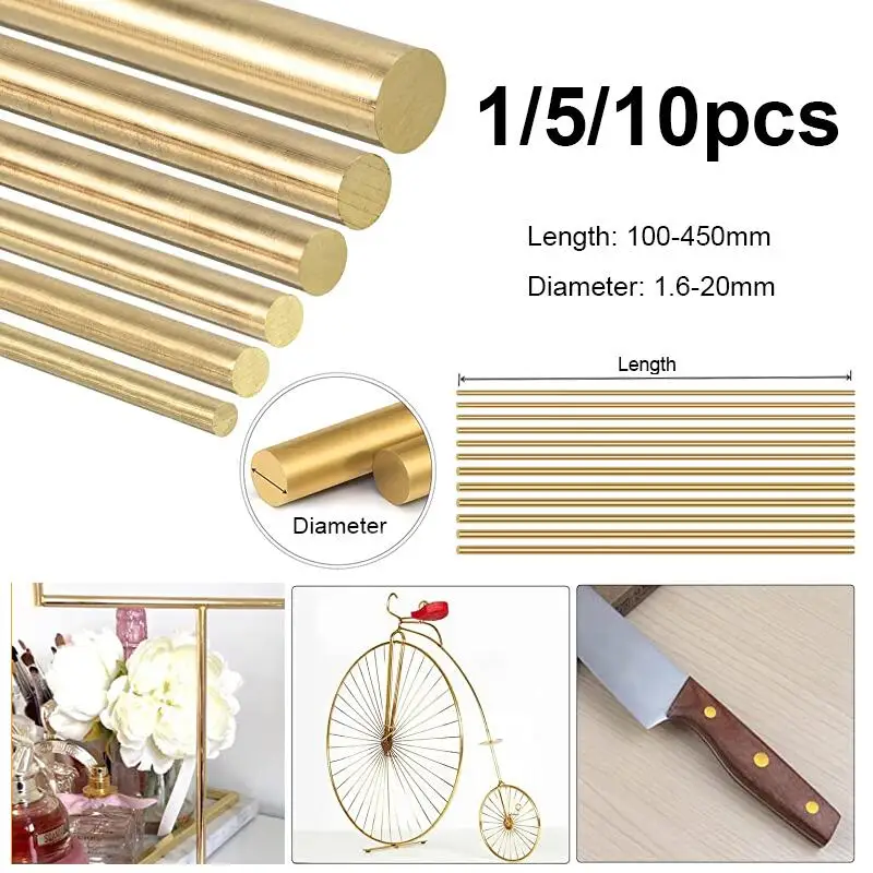 1~10pcs length 100~500mm 1.6/3/4/5/6/8/9/10/12/16/20mm DIY Hardware Brass Rod Round Bar Rod Circular Wire Tube Modelmaking Brass Rod