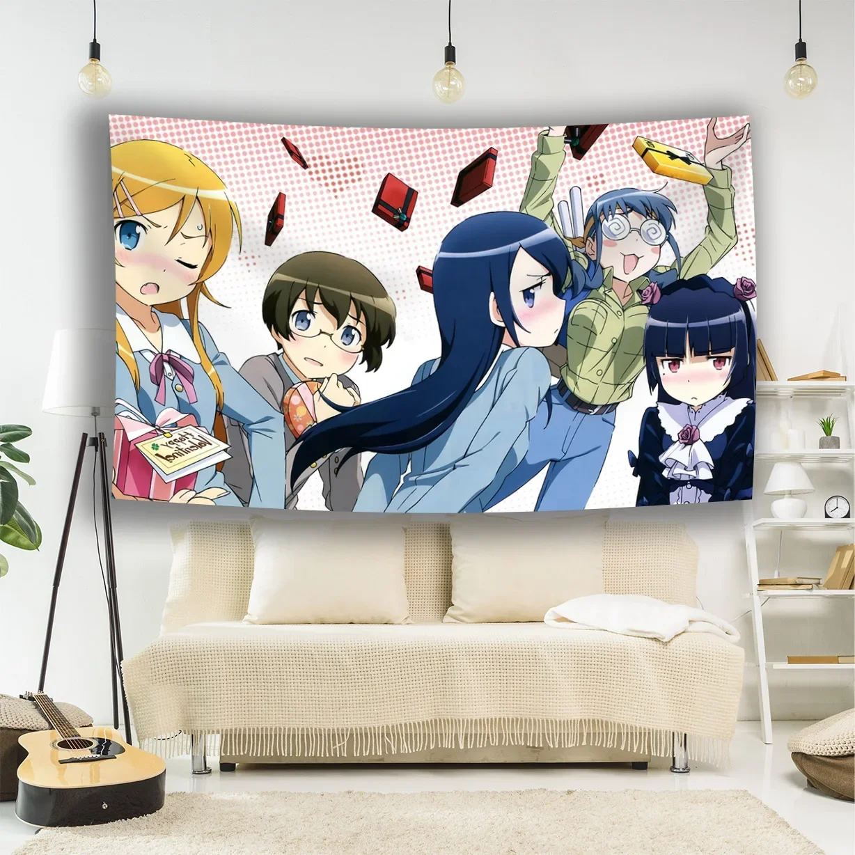 Cute Girl Decorating Wall Tapestry Kawaii Anime Style Sad Bedroom Home Background