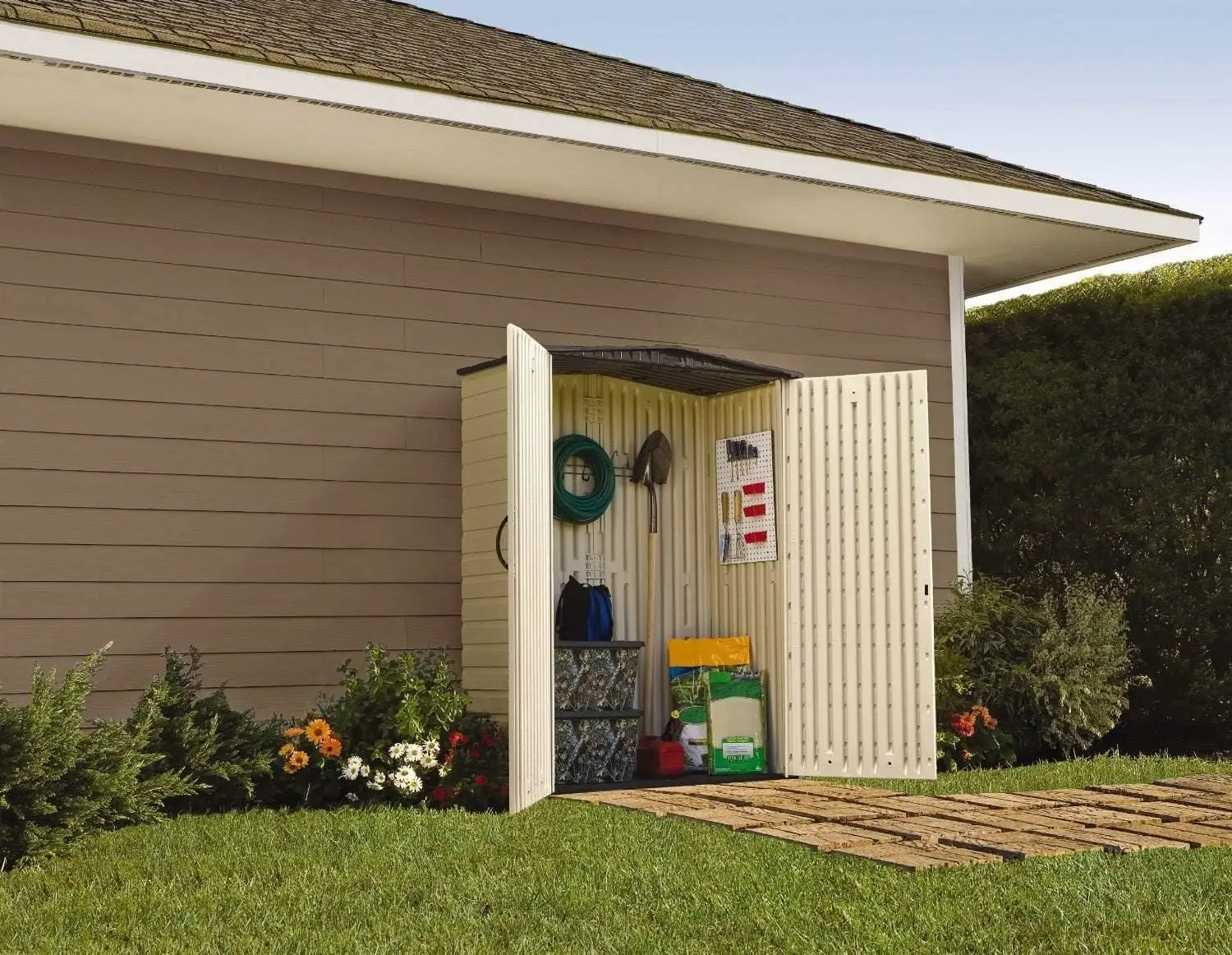 Large Vertical Resin Outdoor Storage Shed With Floor (6.2 x 4.6 Ft), Weather Resistant, Beige/Brown, Organization for 5