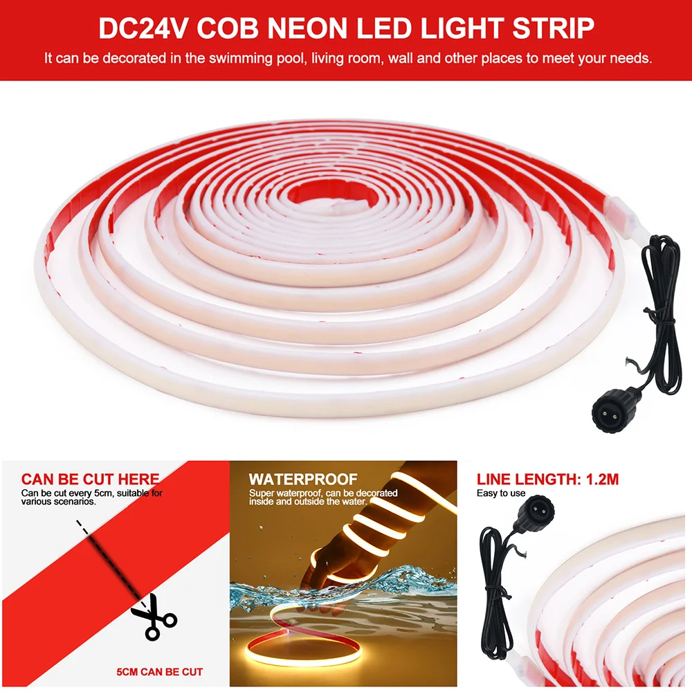 태양광 방수 플렉시블 COB LED 스트립 라이트 24V 320LEDs/m 라이트 테이프 레드 그린 아이스 블루 옐로우 퍼플 핑크 웜 내추럴 화이트