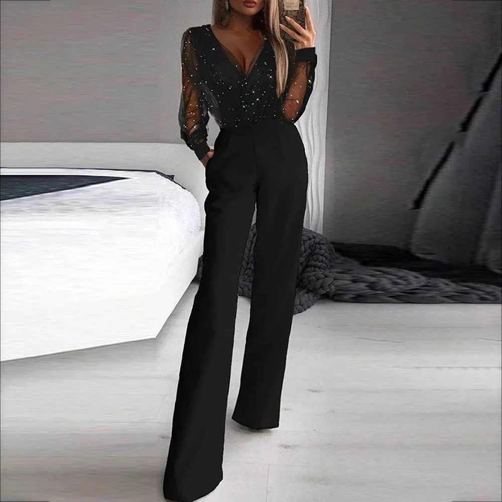 Women's Jumpsuits All Season French Minimalist Nipped Waists Cut-out Long Sleeve V-Neck Ankle Straight Jumpsuits