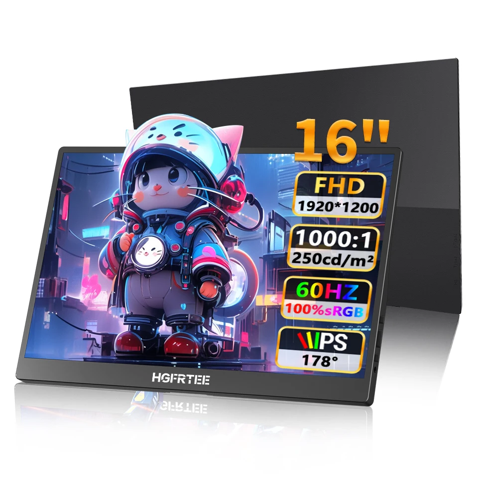 HGFRTEE 16인치 휴대용 게이밍 모니터 1200P 60Hz HDR USB-C 미니 HDMI 지원 Windows MacBook 스위치 Xbox PS4 호환