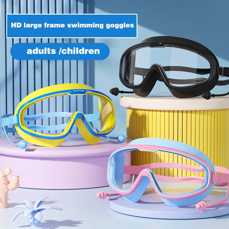 Large Frame Swimming Goggles Waterproof Anti-fog HD Swimming Goggles with Earplugs Boys Girls Pool Beach Eyewear for Adult Kids swimming goggles