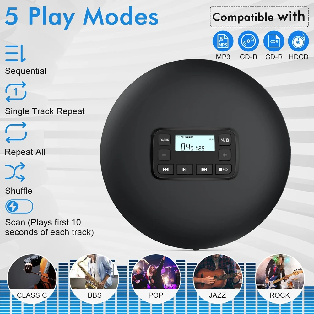 CD Walkman Portable new Player Headphone HiFi Music Reproductor Discman Player USB＆Battery Version LCD Screen with AUX Cable New