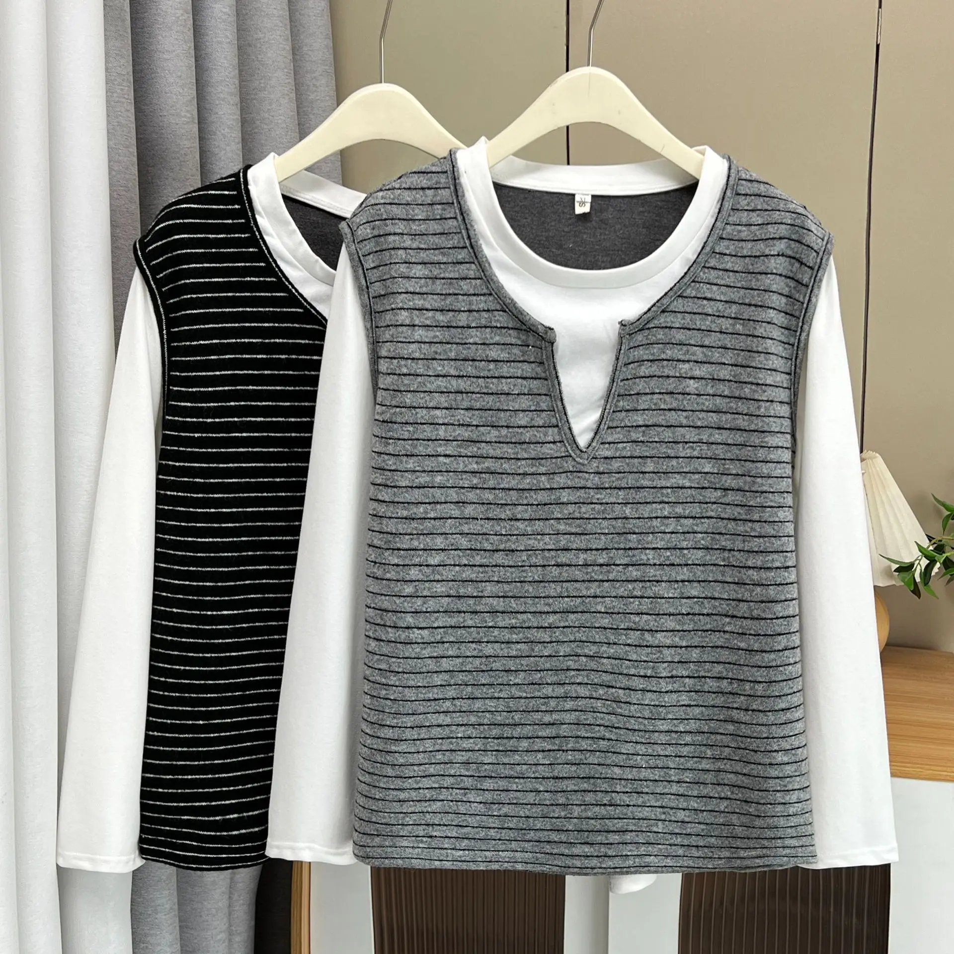 XXXXL Fashion Plus Size Women's T-Shirt New Autumn Casual Striped Patchwork Fake Two Piece Top 2542