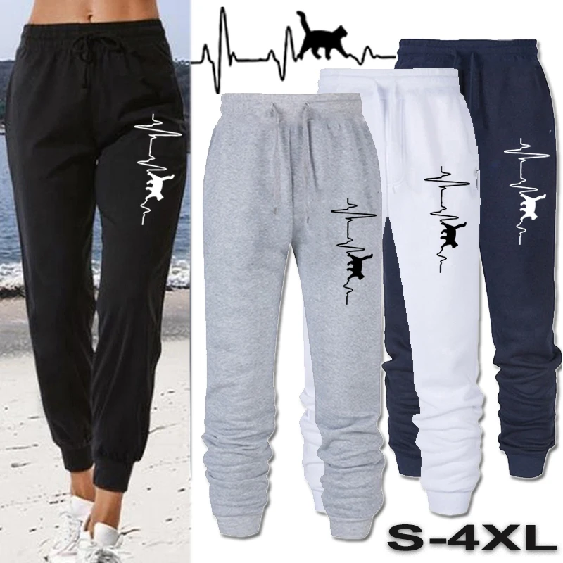 Women Lovely Cat Print Long Pants Autumn and Winter Casual Sweatpants Solid Color Bottoms Jogging Fitness Sports Trousers 2022 summer sports gymnastics suit cinnamoroll pattern casual y2k student short sleeved sets lovely cartoon printed simple girl