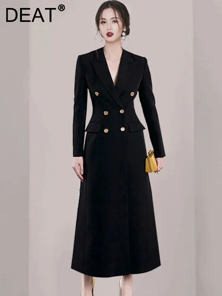 

DEAT Women's Fashion Dress Notched Collar Solid Color A-line High Waist Double Breasted Elegant Dresses 2024 New Spring 15KB2704