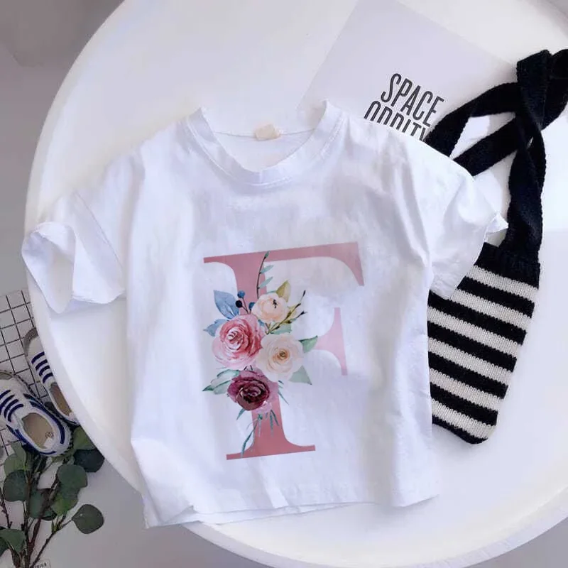 thumbnail image 1 of Camiseta de algodón con 26 letras en inglés ABCD, camiseta de verano para niños con flores, ropa informal de dibujos animados, camisetas de manga corta para niñas y niños, 1 of 5