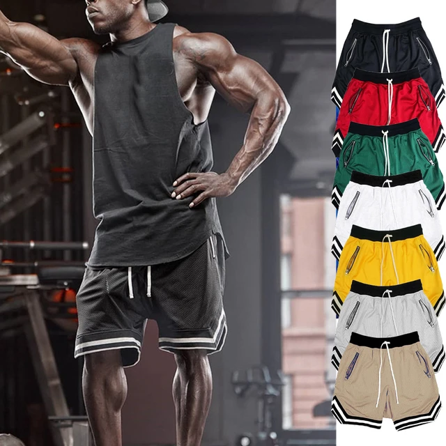 Pantalones cortos de entrenamiento para hombre, ropa de gimnasio,  culturismo, de malla de secado rápido, Deportivos - AliExpress