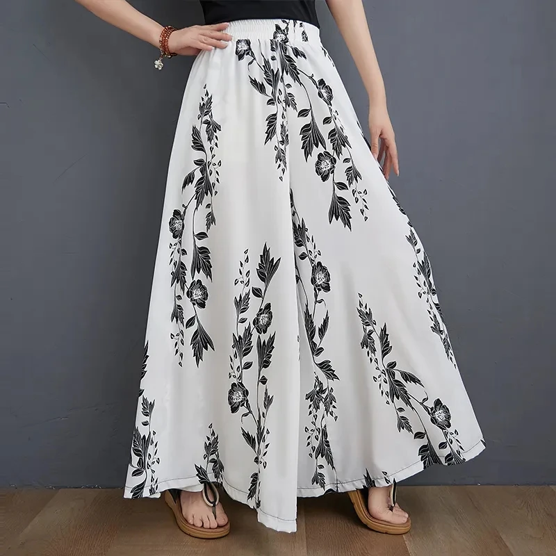 

Summer Women's Printed Wide Leg Pants New Elastic High Waist Straight Trousers Female Loose Casual Long Pants Black White 6XL