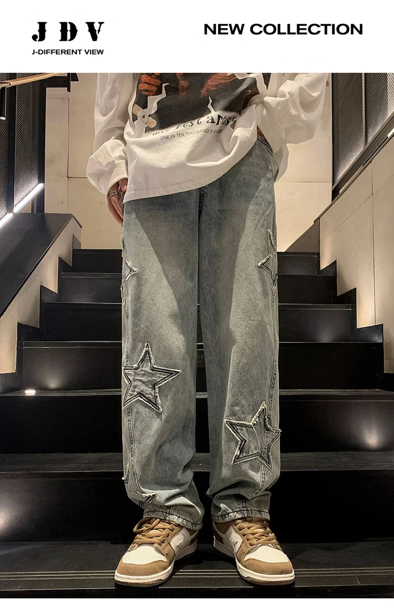 Star Embroidery Straight Casual Men Jeans Gothic Neutral New