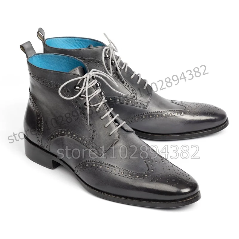 

Gray Black Carving Design Square Toe Ankle Boots Fashion Lace up Men Boots Luxury Handmade Party Feast Banquet Men Dress Shoes