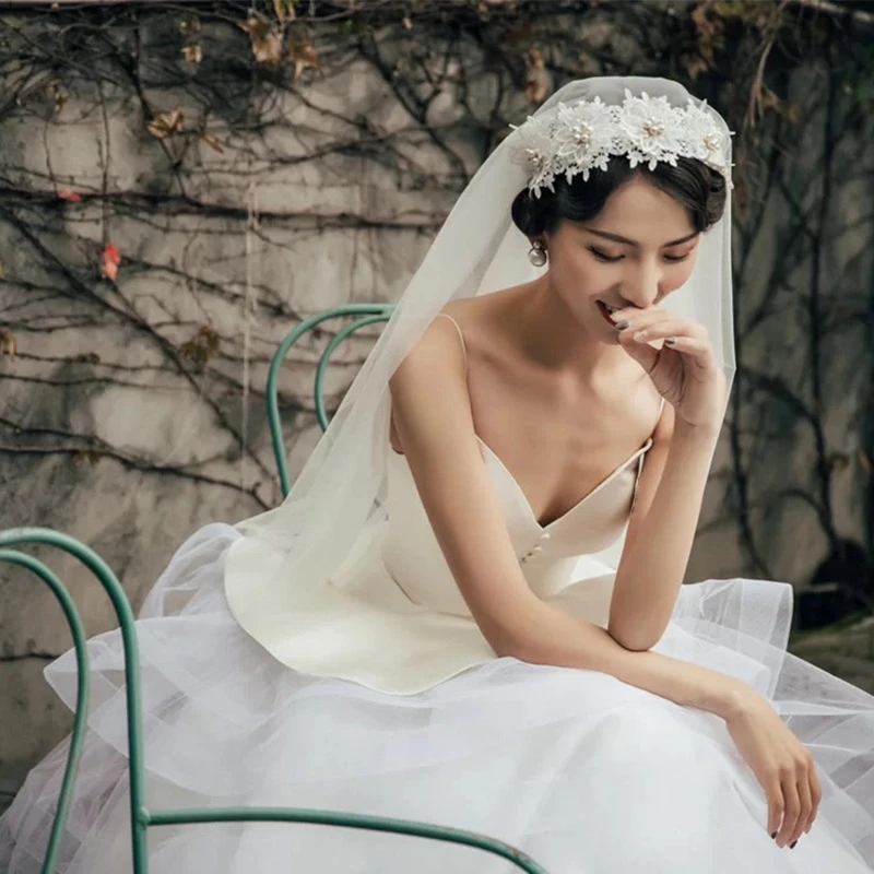 여성용 럭셔리 진주 꽃 레이스 베일, 웨딩 베일, 신부 웨딩 헤어 액세서리, 쥬얼리 베일