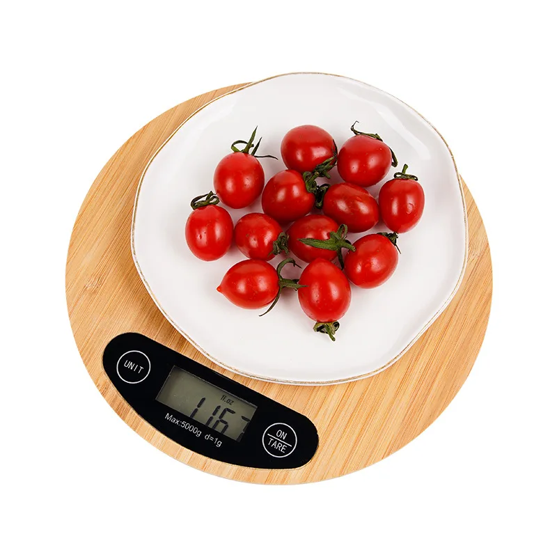 5kg/1g Kitchen Electronic Scale Portable Round Bamboo Wood Baking Scale Led Display Digital Food Home Kitchen Accessories