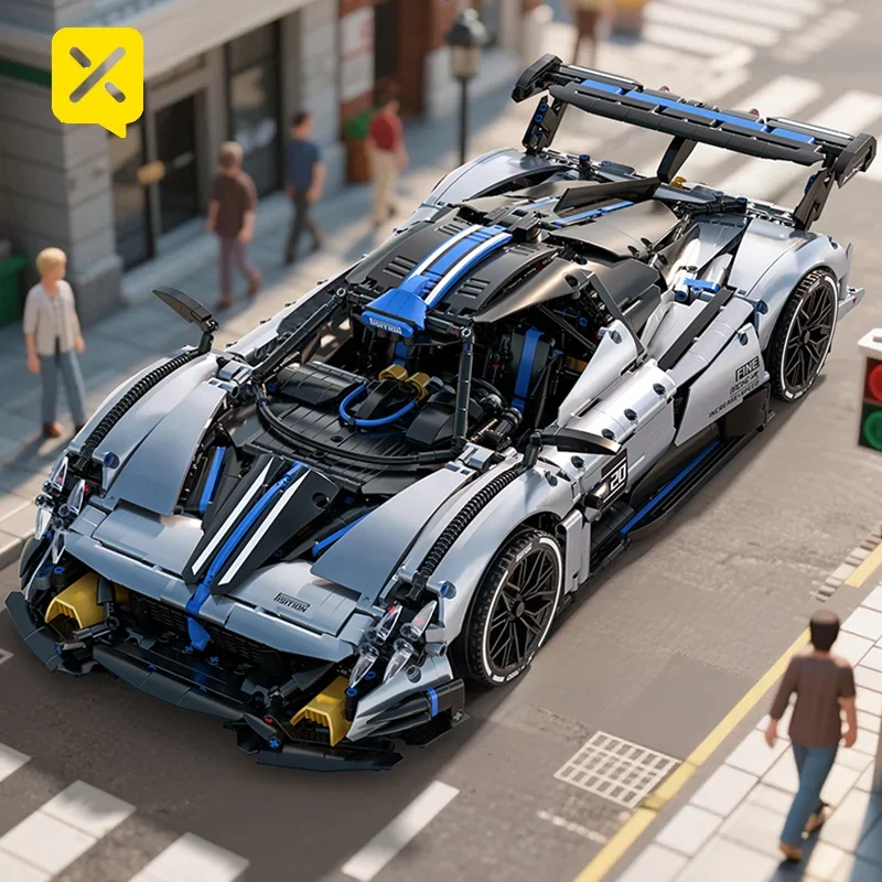 1:8 실버 블루 슈퍼카 레이싱 스포츠카 블록 세트, 후방 연결 엔진 트랙 윙 포함, 자동차 장난감에 이상적
