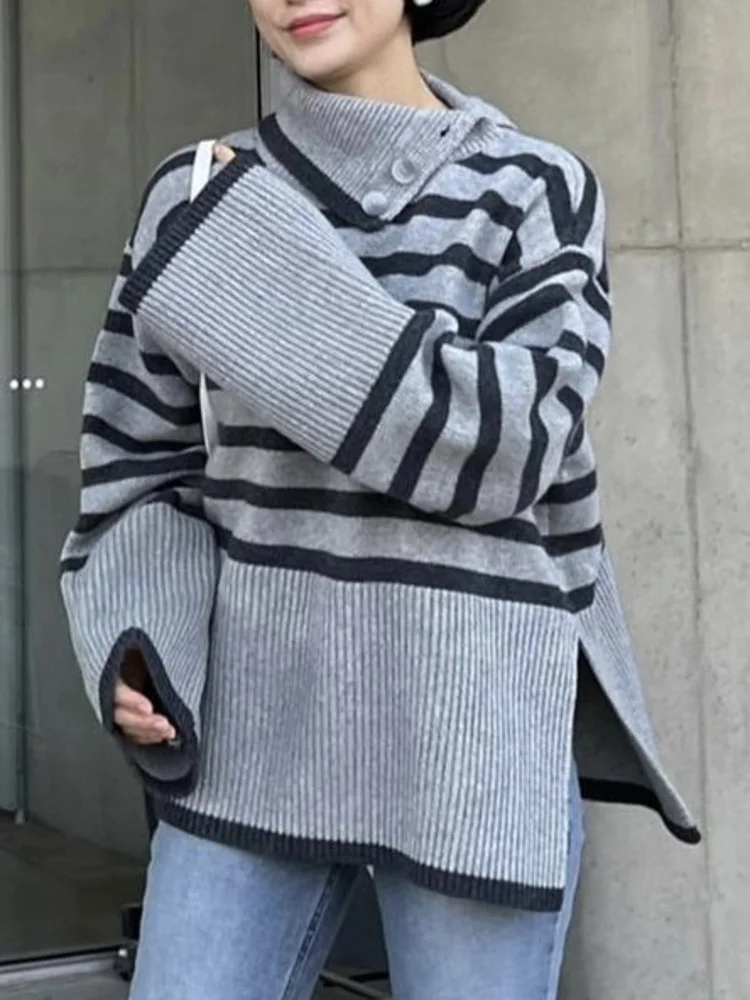 

Irregular Lapel Contrast Stripe Sweater Women Long Sleeve Loose Fashion Female Pullovers Knited 2023 Autumn New Tide Top X345