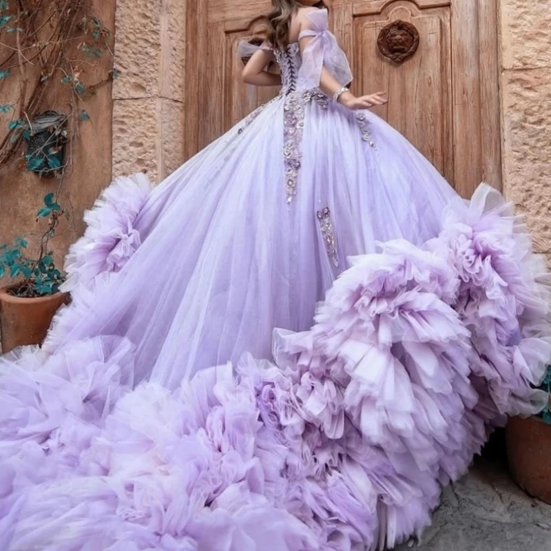 Charming Lilac Princess 15th Girl Quinceanera Dresses Beads Applique Lace Up Ruffle Edge Ball Gown Prom Birthday Party Dress 15