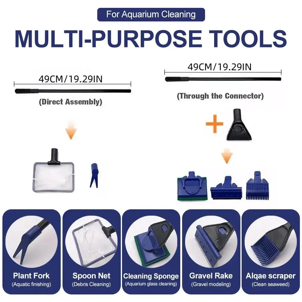 כלי ניקוי לאקווריום 5 ב-1, מזלג צמחים, כף, רשת, מברשת ספוג, מברשת חציר, מברשת חרקים