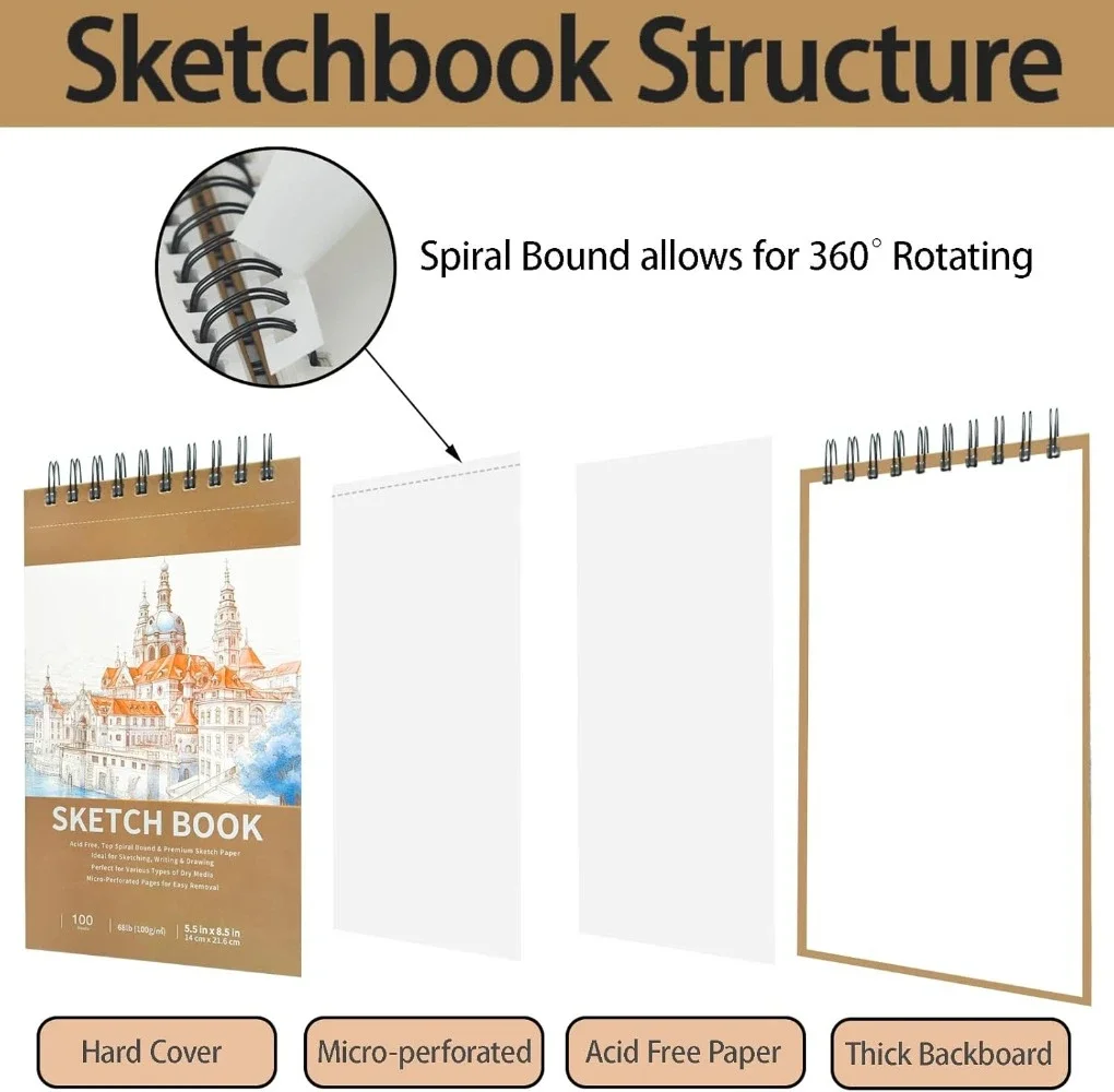 5.5" x 8.5" Sketchbook, Top Spiral Bound Sketchbook, 100 sheets of 68lb/100gsm drawing paper each, 2 packs 3