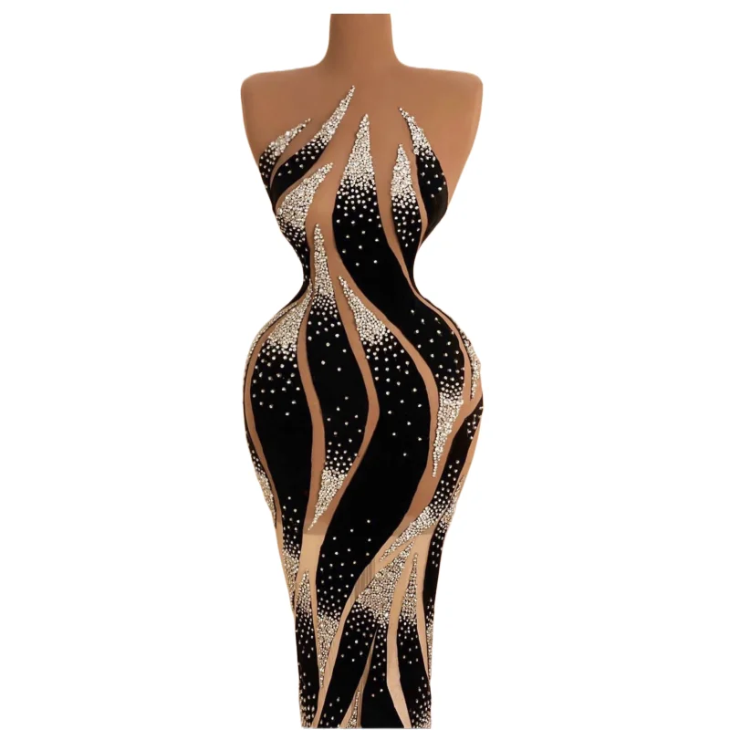 

Fashion Silver Rhinestones Transparent Sleeveless Long Dress Evening Dance Birthday Celebrate Rhinestones Costume