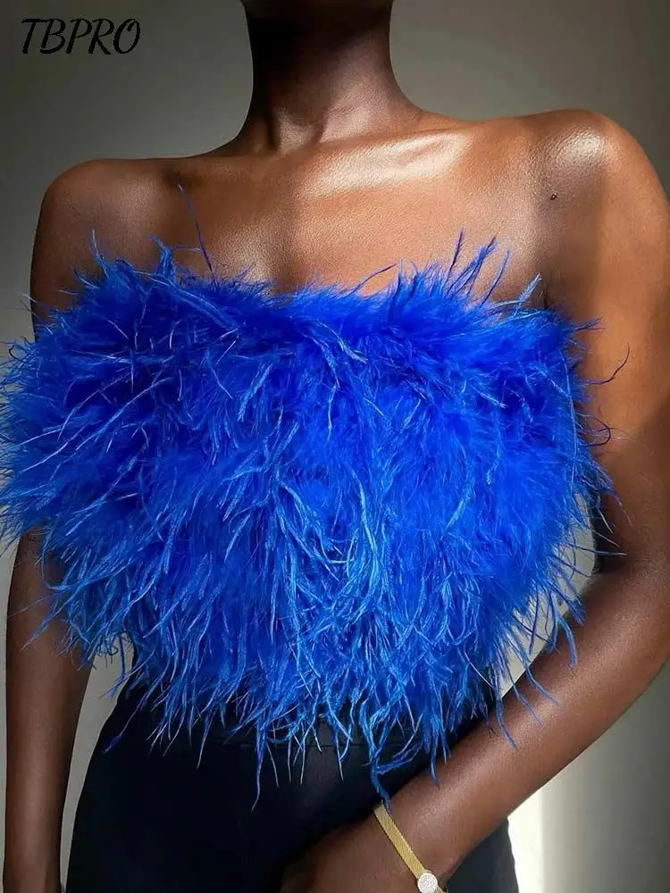 Пикантный пушистый укороченный топ Женская майка без бретелек с перьями Туника