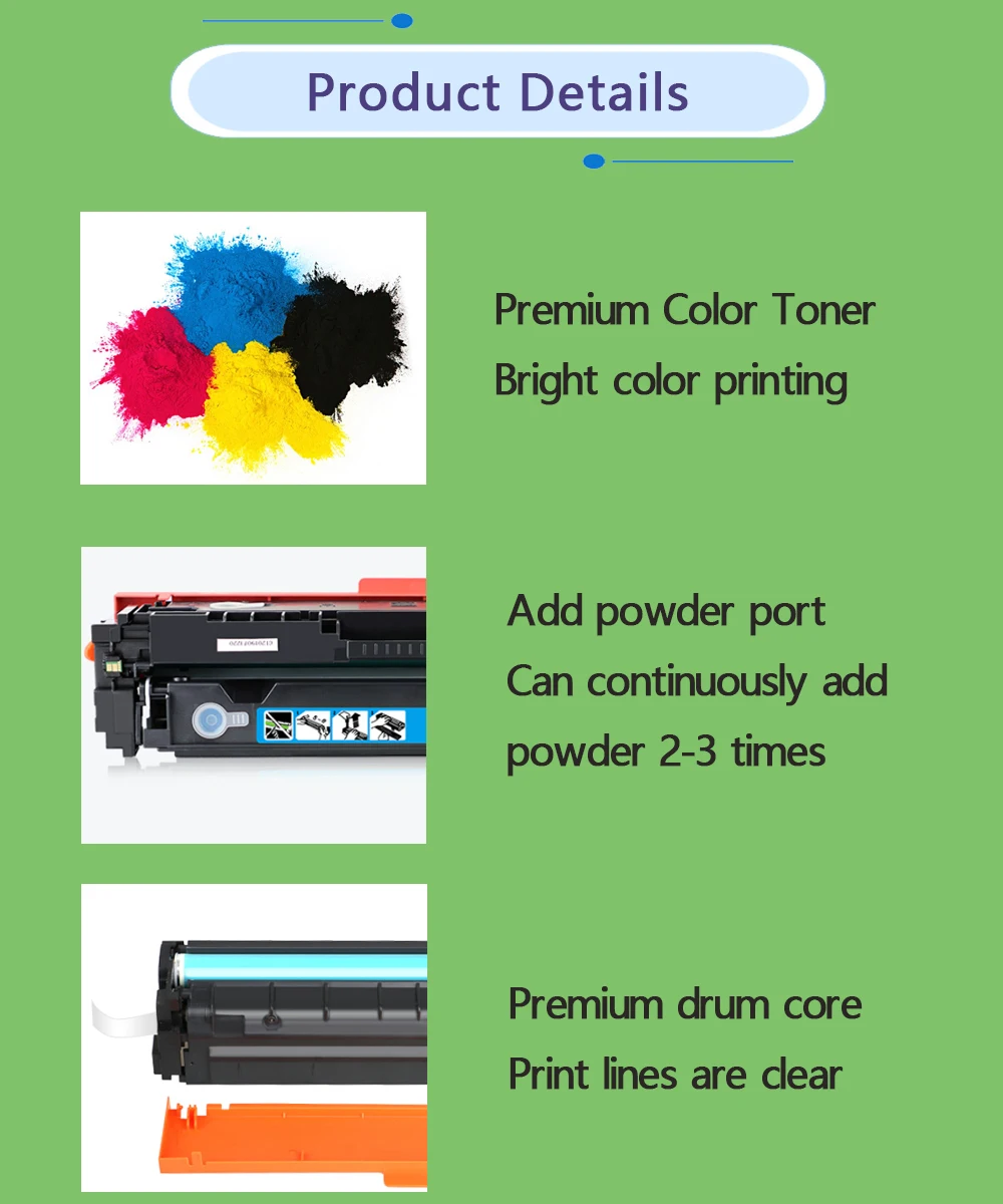 Description Picture 3 of itemCF400A CF401A 402 403A 201A Compatible Color Toner Cartridge For HP Color LaserJet Pro M252dn M252n MFP M277dw M277n M274n