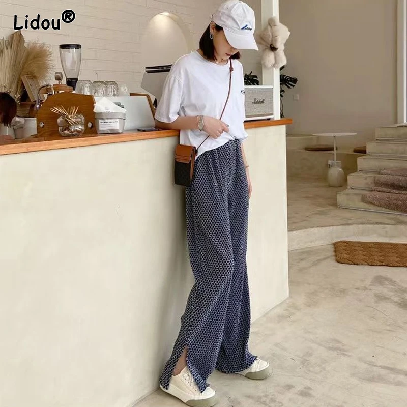 2023 New Women's Clothing Loose Fashion Casual Young Style Printing Elastic Waist Straight Pockets Comfortable Wide Leg Pants