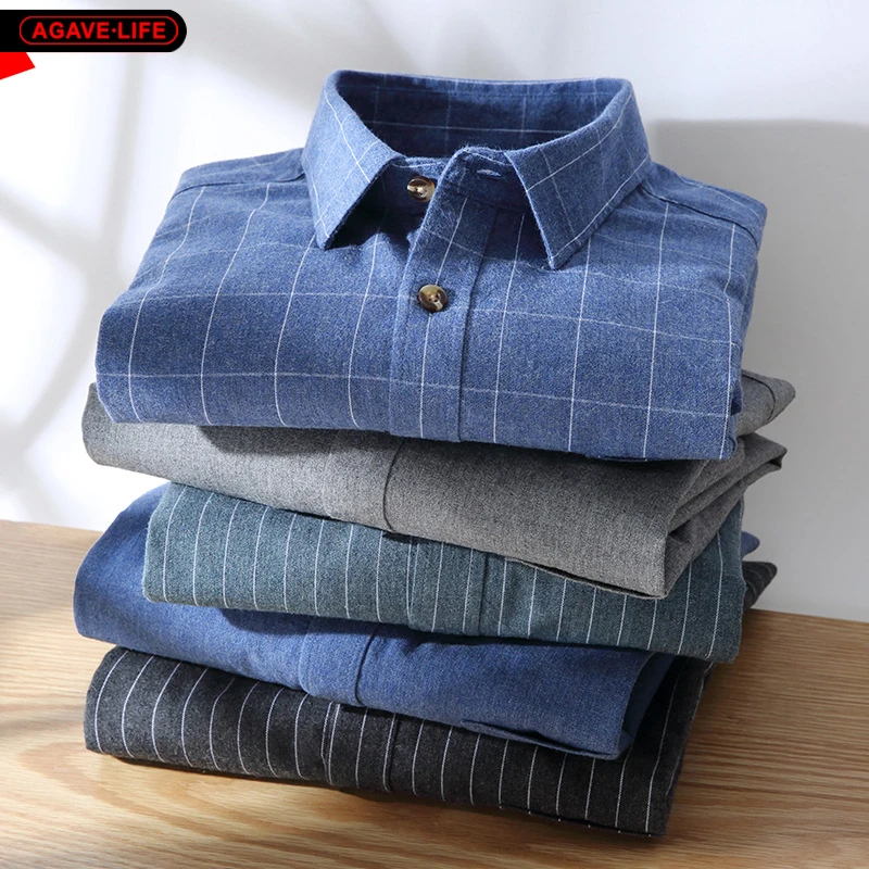 

Spring Autumn Brushed Shirt Men's Casual Flannel Striped Bussiness Men Shirt Color Spinne Solid Color Cardigan Lapel Leisure Top