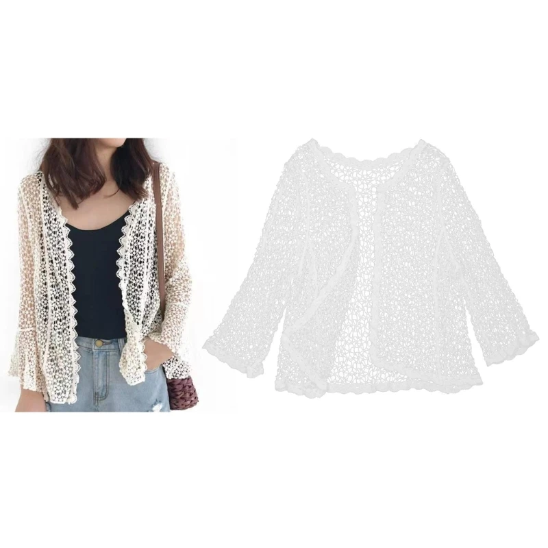 Women Spring Flare Long Sleeve Shrug Cardigan Hollow Out Crochet Knitted Open Front Sheer Lace Cover Up Sweater Casual Dropship spring sexy lace patchwork hollow out shirt fashion white vintage long sleeve tops button mesh crochet lace blouse women 13267