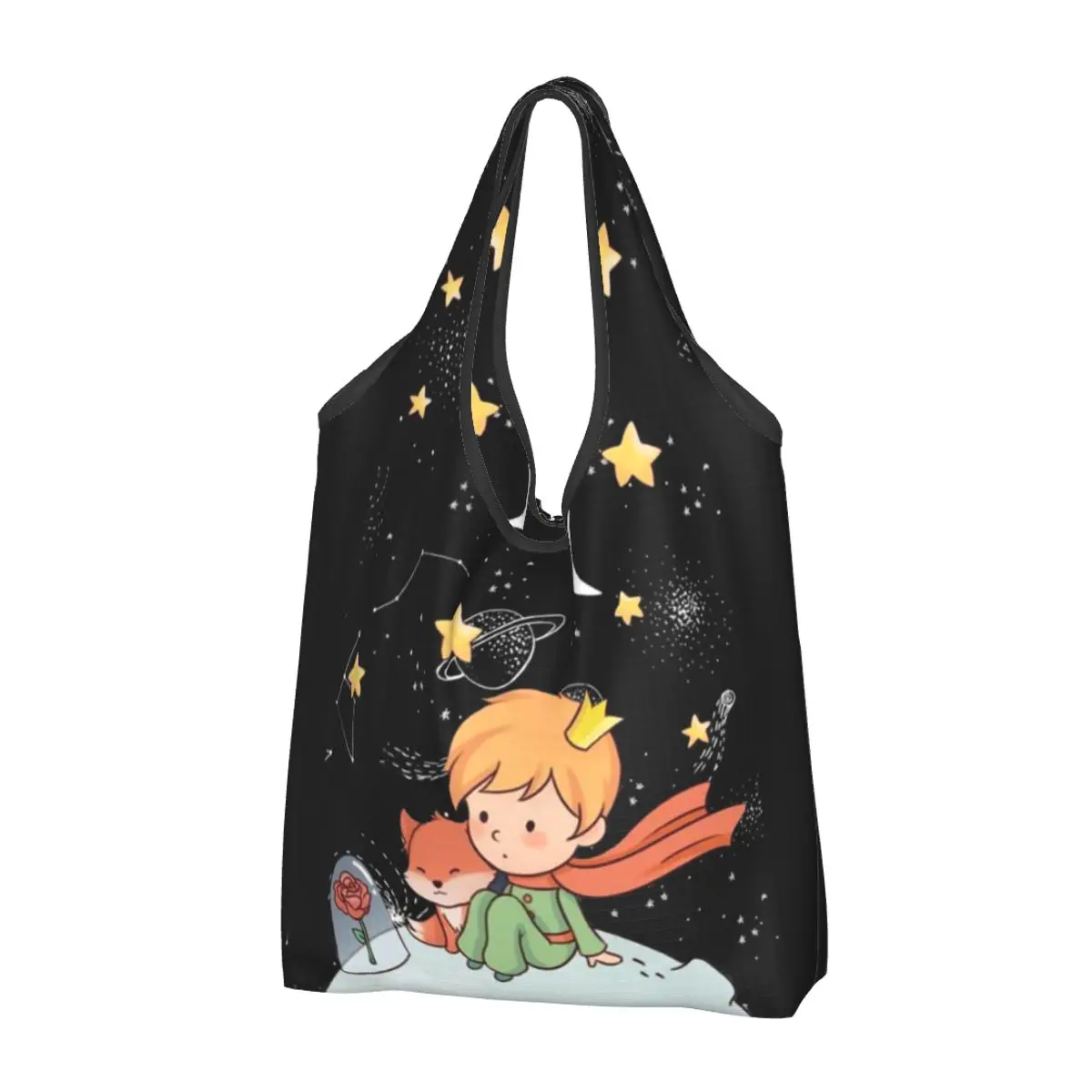 

Reusable The Little Prince France Grocery Bags Recycle Foldable Prince Fox Rose Stars Shopping Tote Bag Washable Lightweight