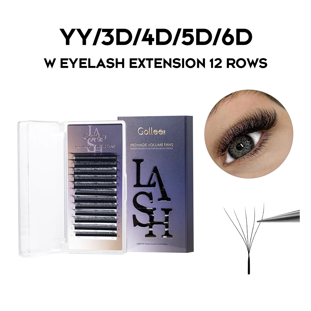 12-reihige vorgefertigte YY-Wimpern, D-Curl, einzelne Wimpern, superweiche PBT-Faser, YY-Wimpernverlängerung, 3D/4D/5D/6D W-Form-Wimpern