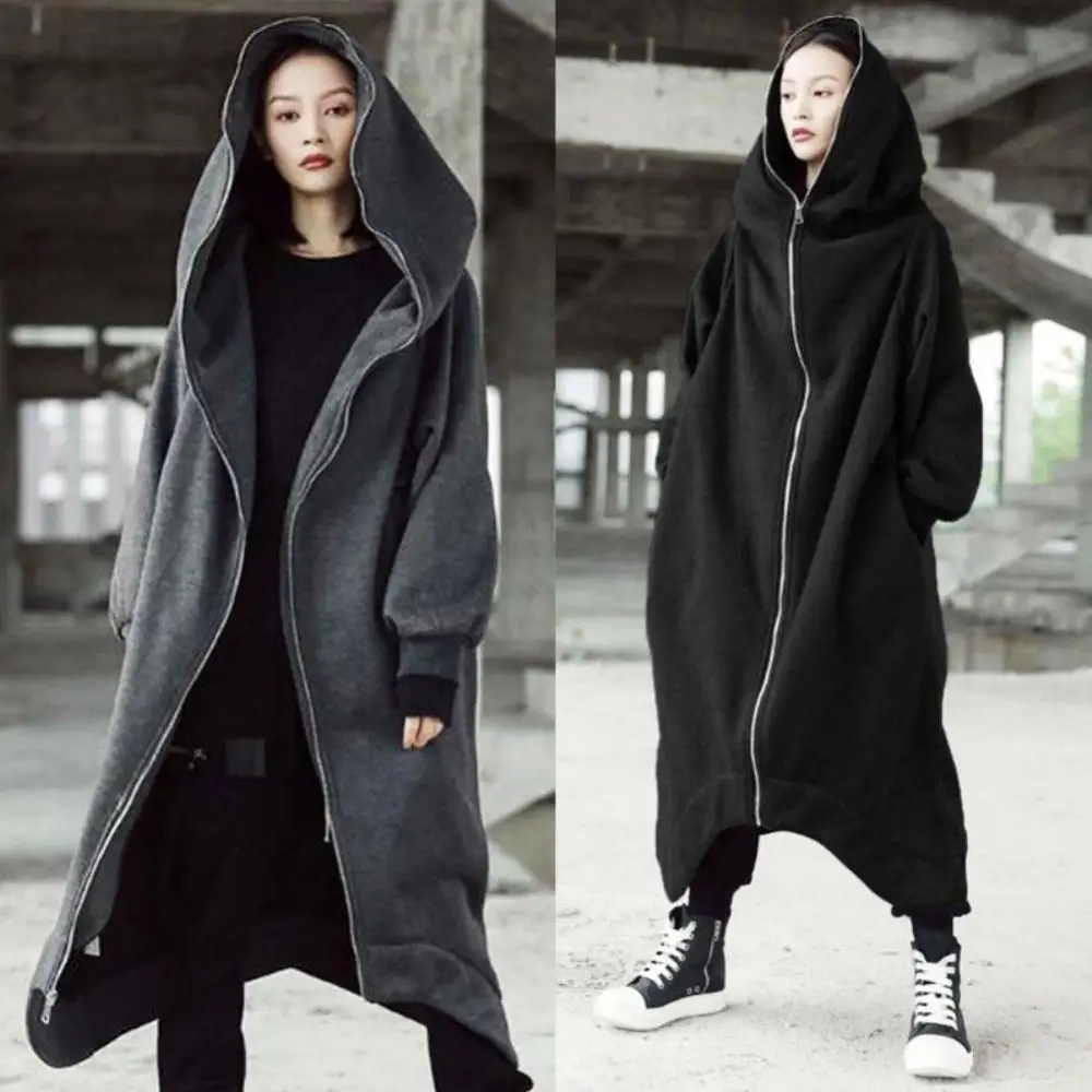 

M-5XL ladies autumn and winter solid color personality street zipper hooded long plus velvet sweater coat