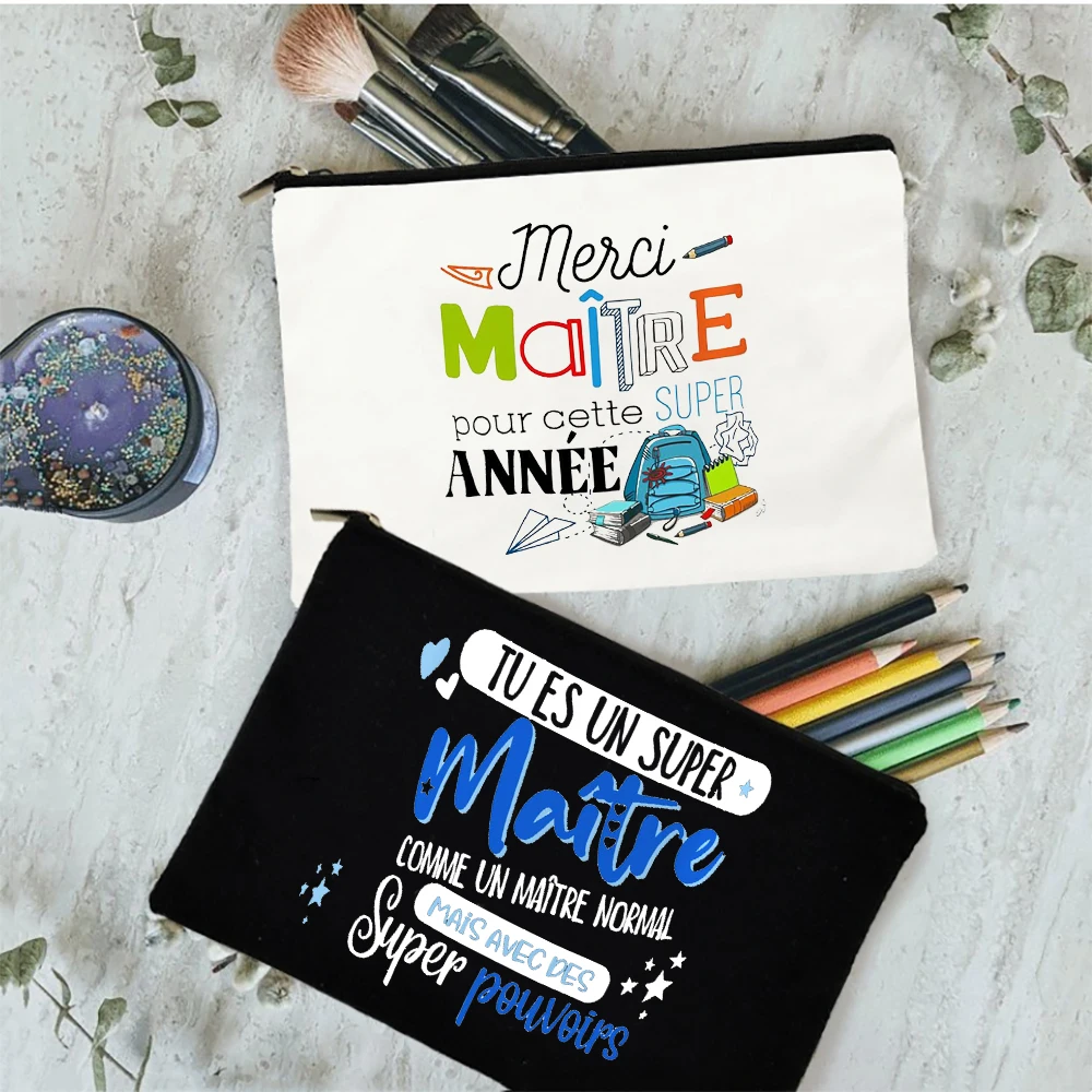 

Merci Maitre Print Pencil Bag Men Travel Toiletry Organizer Bags Makeup Pouch Teacher's Day Graduation Thanks Gift for Teacher