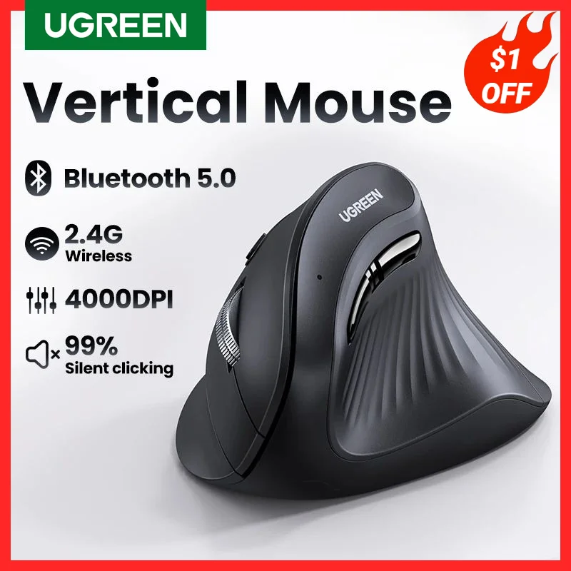  UGREEN Vertical Mouse Wireless Bluetooth5.0 2.4G Ergonomic 4000DPI 6 Mute Buttons for MacBook Tablet Laptops Computer PC Mice 