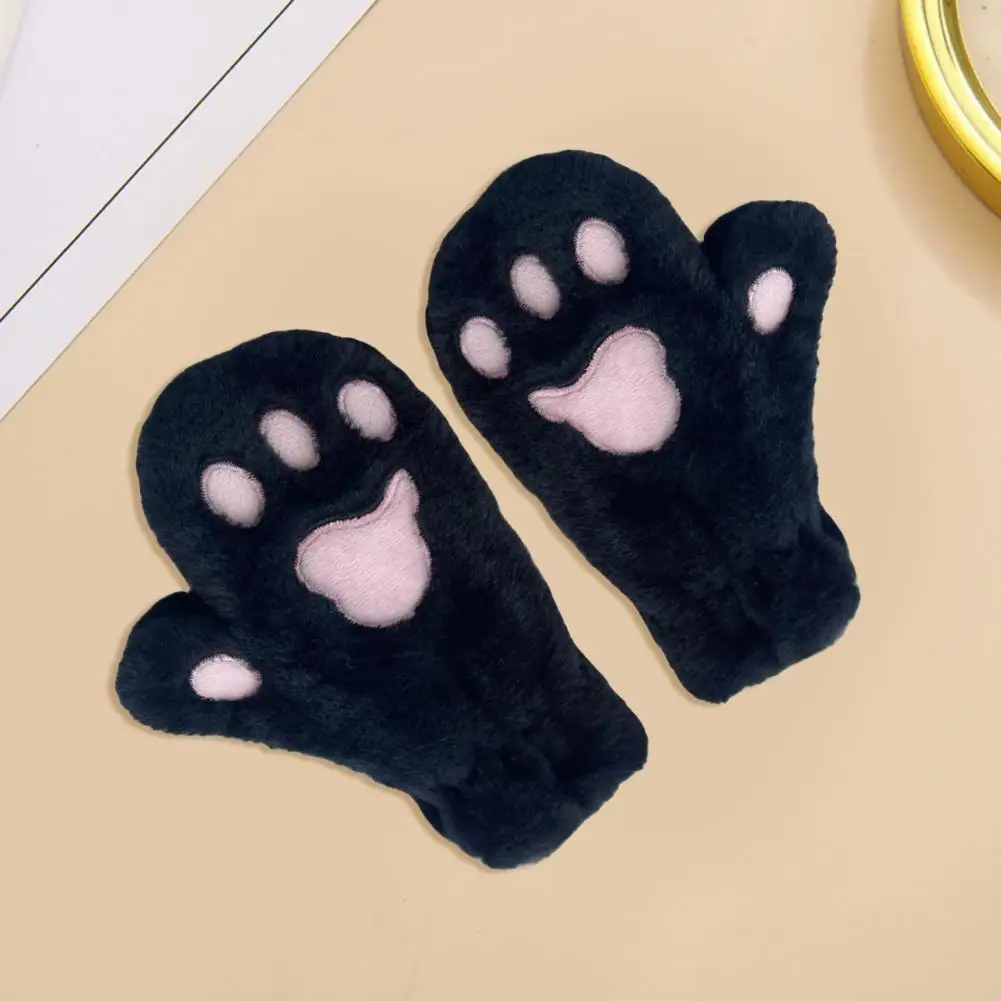 Pattern Gloves Warm Cozy Cartoon Cat Paw Mittens for Women Thick Plush Winter Gloves with Anti-slip Grip for Skiing Cycling