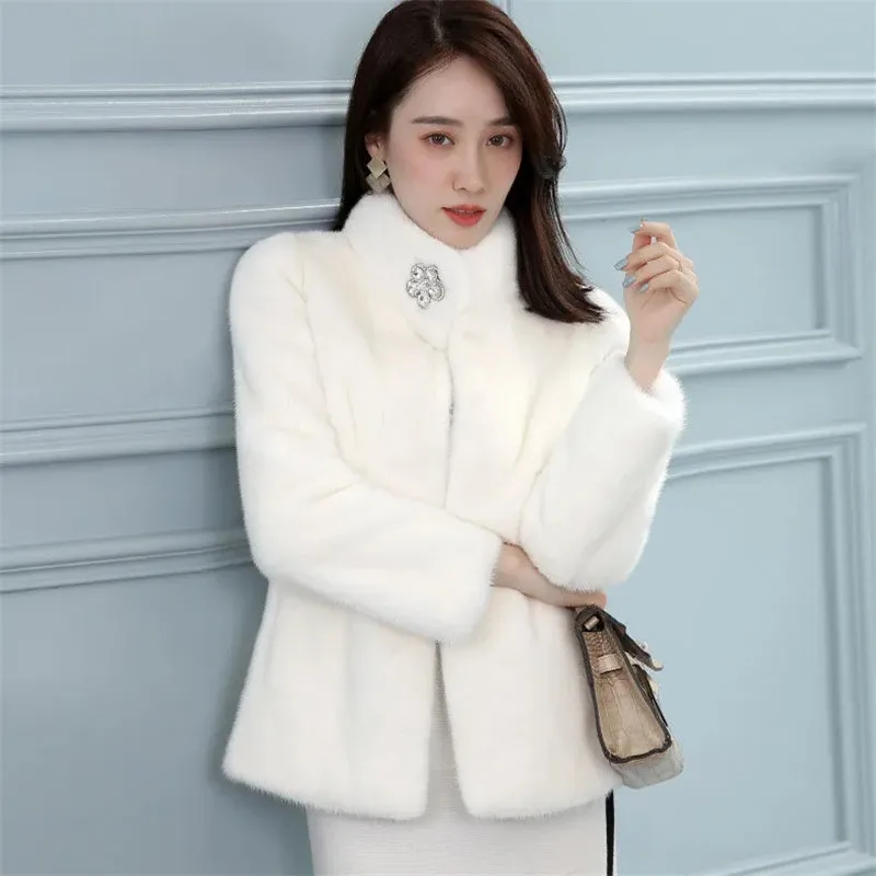 2023 New Imitation Mink Fur Coat Women's Slim Stand Collar