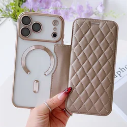 Elegant Flip Cover with Clear Magnetic Closure and Card Holder Slot - Leather Wallet Case - iPhone 15 Plus (Khaki)