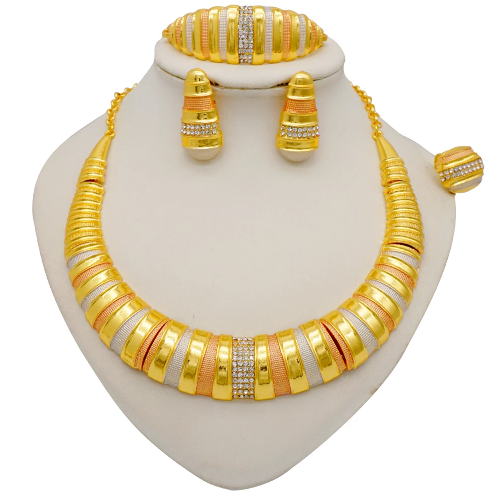 red american diamond necklace set Ethiopia Dubai 24K Gold Color Jewelry Sets For Women Luxury Necklace Earrings Bracelet Ring India African Wedding Gifts earrings and tikka set under 200