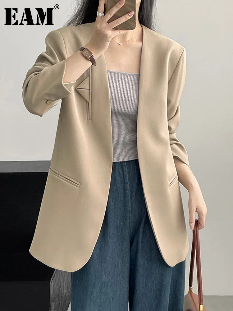 

[EAM] Women Gray Khaki Brief Elegant Blazer New V-neck Long Sleeve Loose Fit Jacket Fashion Tide Spring Autumn 2023 1DH2667