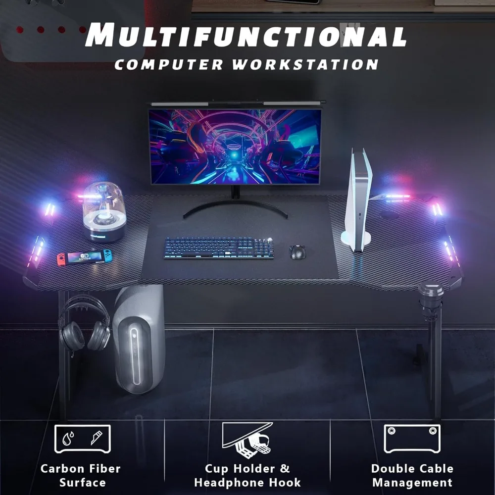63 Inch Gaming Desk with LED Lights Carbon Fibre Surface Gaming Table Large Computer Desk Ergonomic Home Office Desks Z Shaped 6