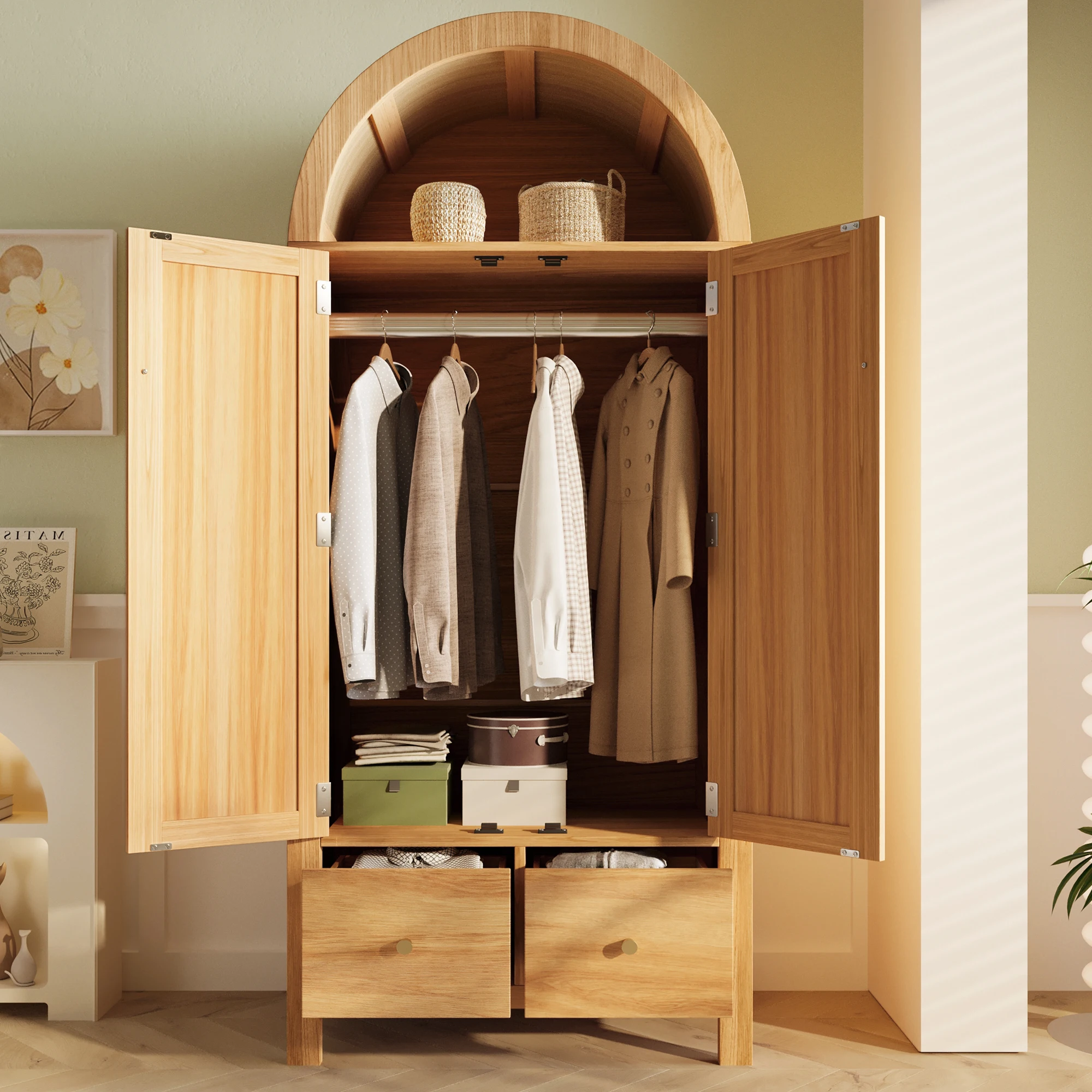KOMHTOM Landhausstil Kleiderschrank 181x78x45 cm mit Rattanflechten 2 Türen mit Magnetverschluss 2 Schubladen Offene Halbrunde – Detail 3