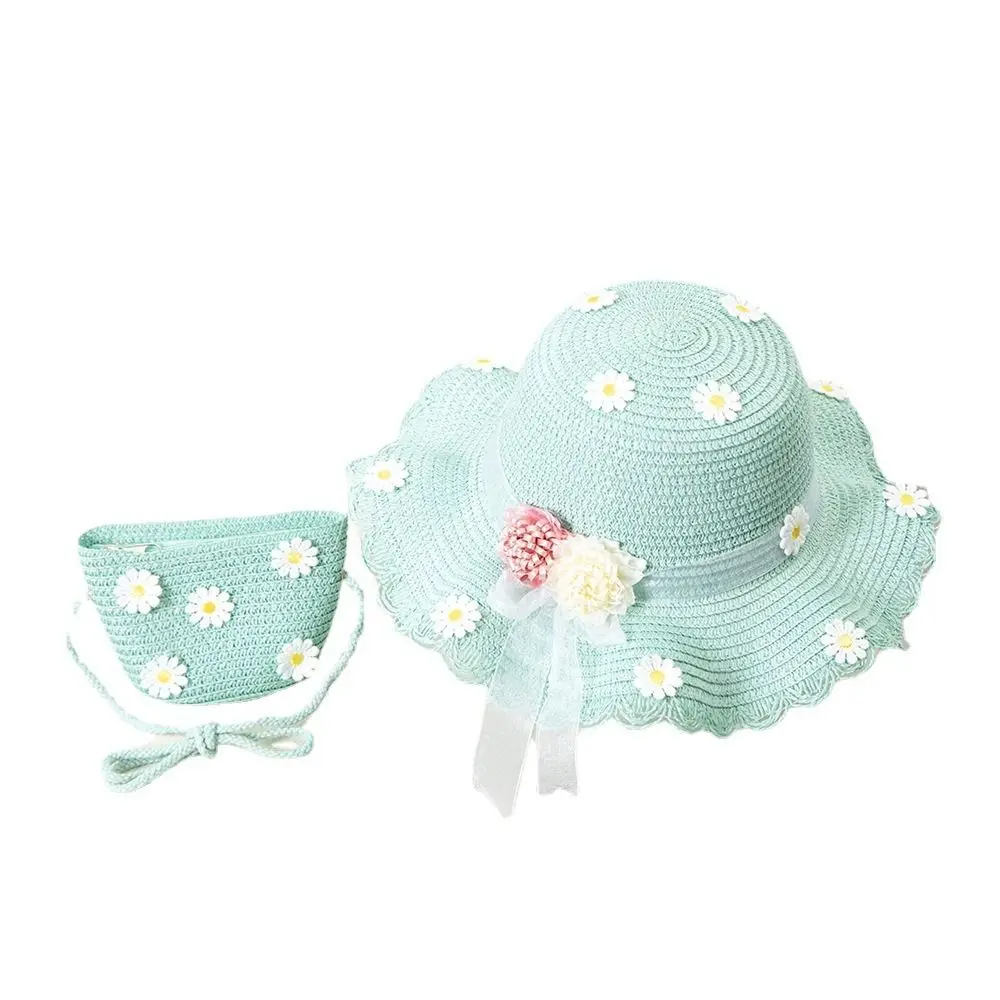 Conjunto de gorro de bolsa de paja para niรฑos, sombrero de pescador, sombreros de playa para niรฑos, sombrero para el sol, flor, 2-8 aรฑos