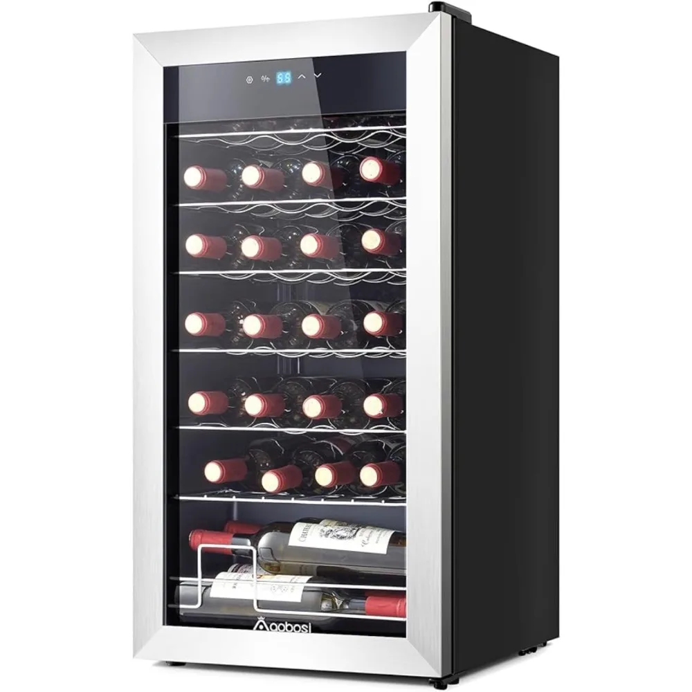 AAOBOSI 17 Inch Compressor Wine Cooler, 28 Bottle Wine Refrigerator with Stainless Steel Tempered Glass Door for Red