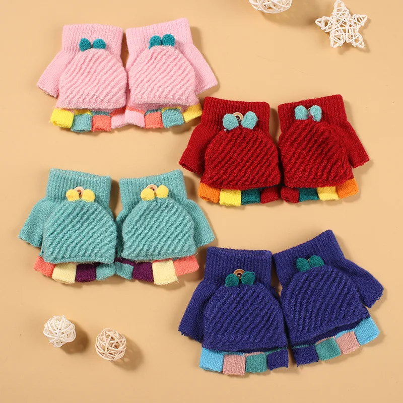 Kids Warm Mittens Winter Thick Children's Gloves Cute Cartoon Knitted Flap Gloves For Girls Boys варежки детские зимние