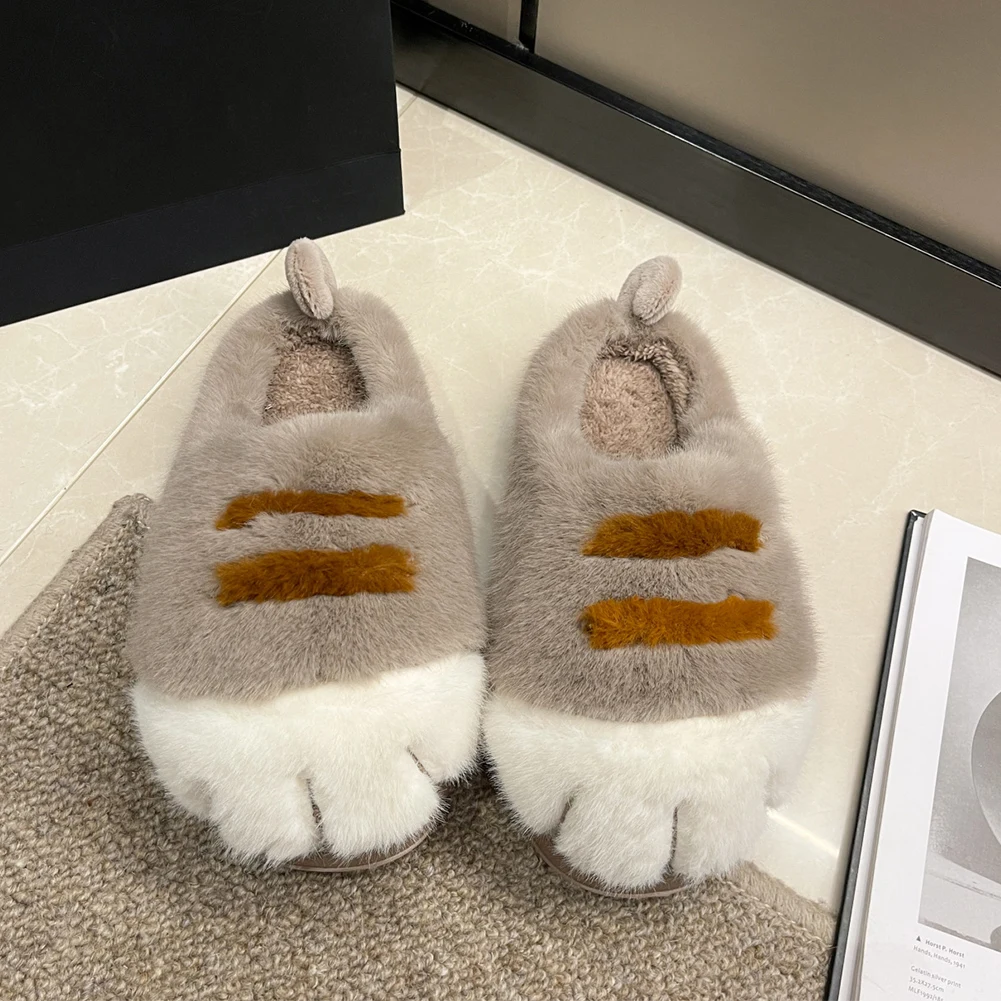 3D Cat Paw Plush Slippers Warm Slip-on House Shoes Comfortable Fluffy Home Flat Thermal Slippers Furry Paw Warm Couple Slippers