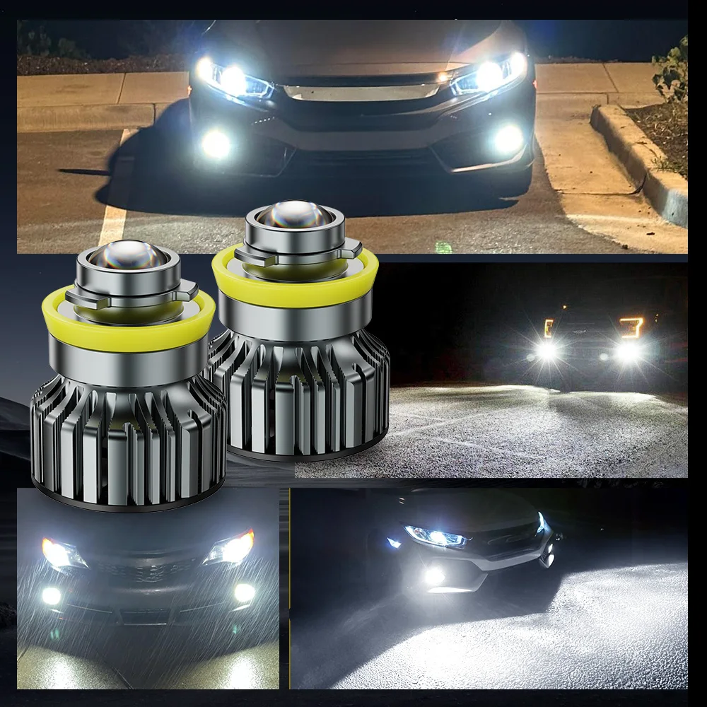 AUXITO 2개입 H8 H9 H11 LED 캔버스 차량용 CSP LED 안개등 전구 프로젝터 렌즈 6500K 백색 3000K 황색 터보 안개등 주간 주행등